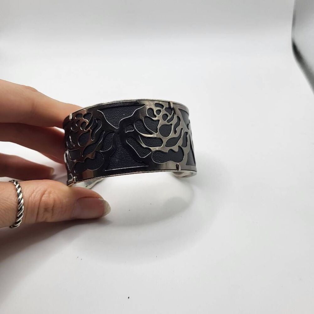 Vintage 90s Silver and Black Rose Wide Bangle Bracelet